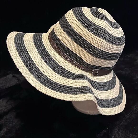 Striped Black and Tan Wide Brim Hat - Picture 4 of 7